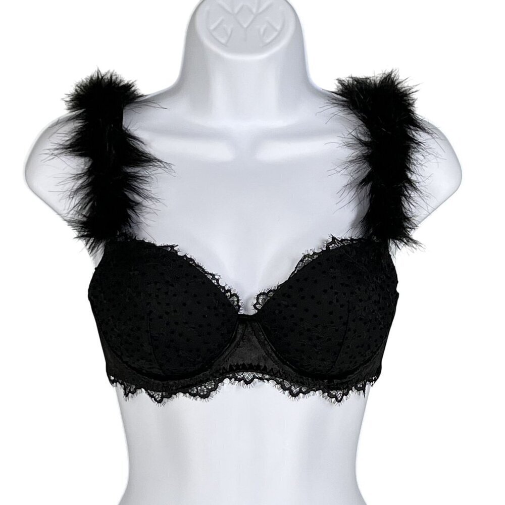 Victorias Secret NWT Demi Bra 32D Black Faux Fur & Solid Straps Sexy Coquette